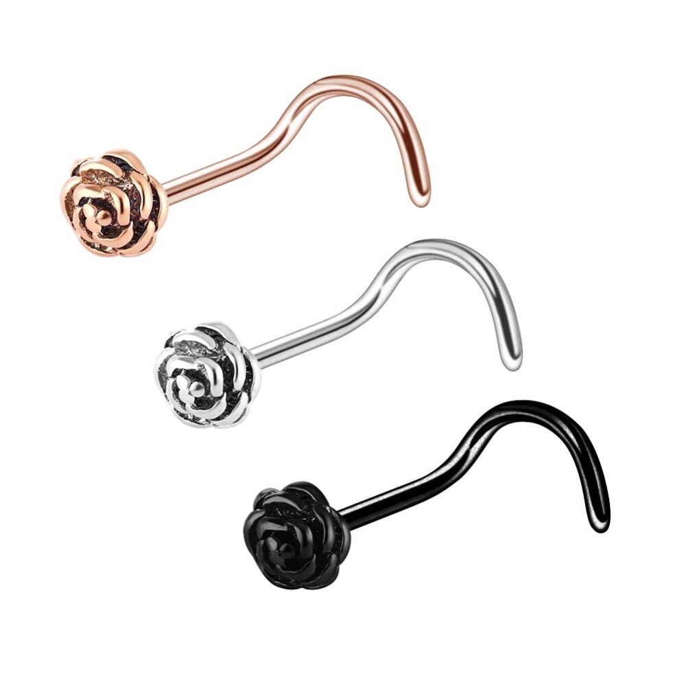 Rose Shaped Steel Nose Stud Piercings 3 pcs Set