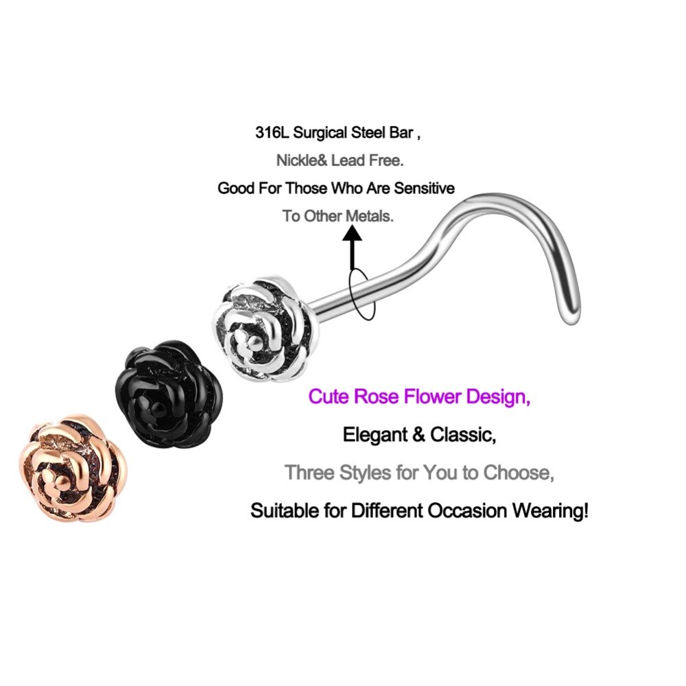 Rose Shaped Steel Nose Stud Piercings 3 pcs Set